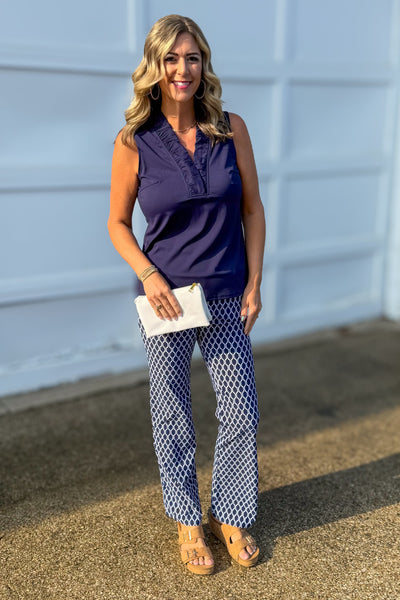 Navy Evelyn Ruffle Neck Sleeveless Top STYLED