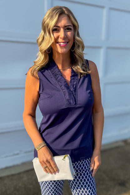 Navy Evelyn Ruffle Neck Sleeveless Top