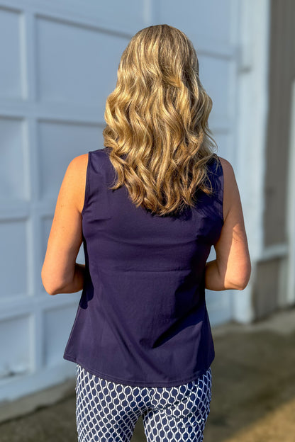 Navy Evelyn Ruffle Neck Sleeveless Top BACK