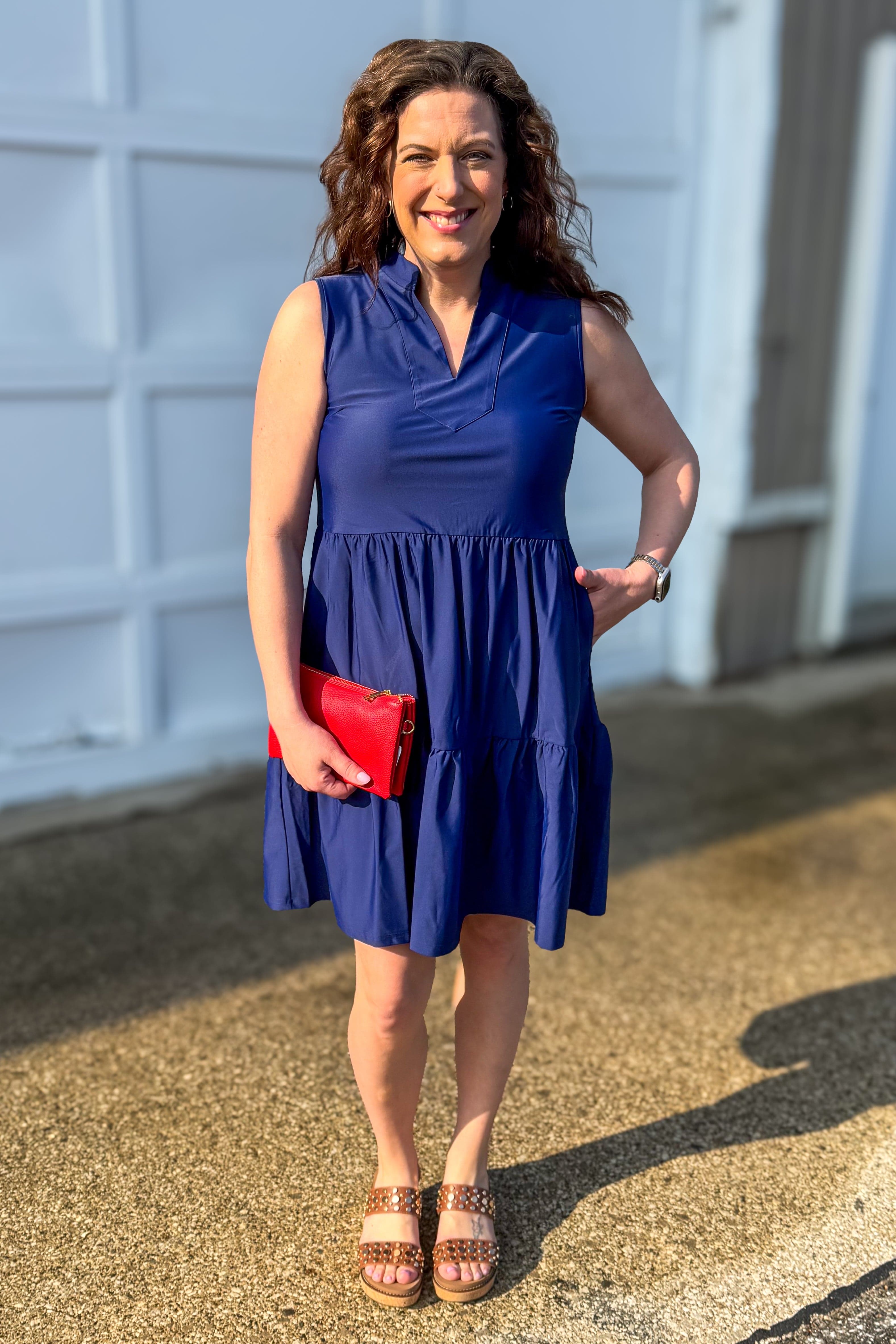 Navy Kendall Sleeveless Tiered Dress styled
