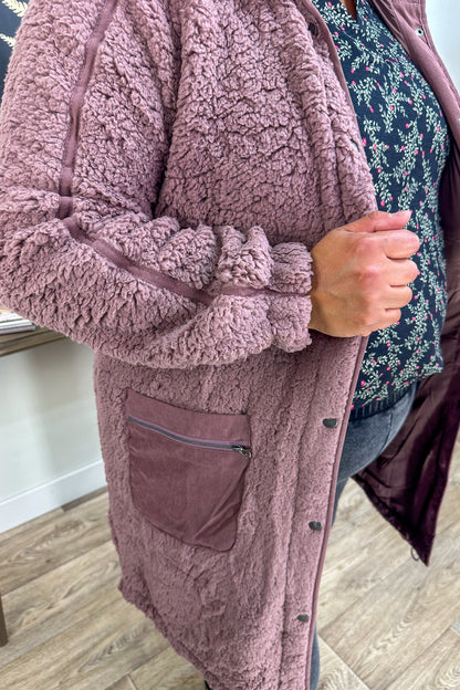 Mauve Longline Sherpa Jacket detail