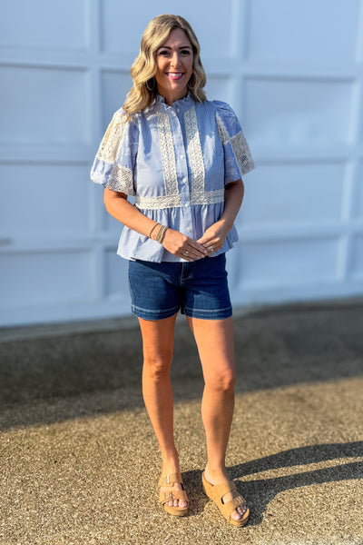 Blue Pinstripe Lace Detail Blouse STYLED