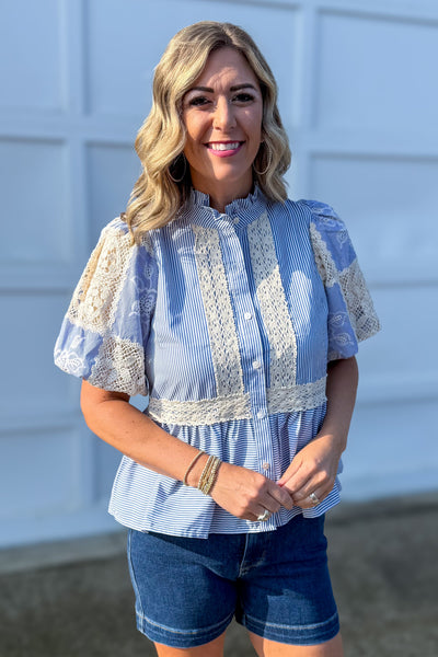 Blue Pinstripe Lace Detail Blouse