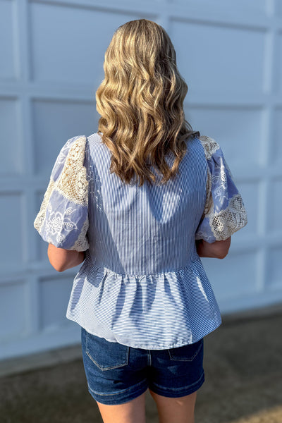 Blue Pinstripe Lace Detail Blouse BACK