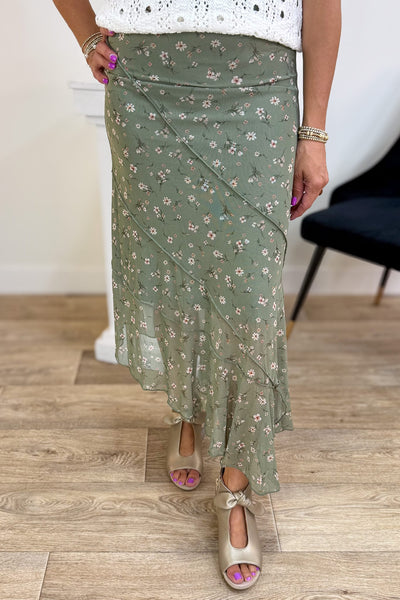Olive Floral Mesh Skirt