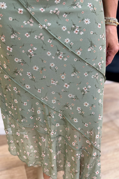 Olive Floral Mesh Skirt Detail