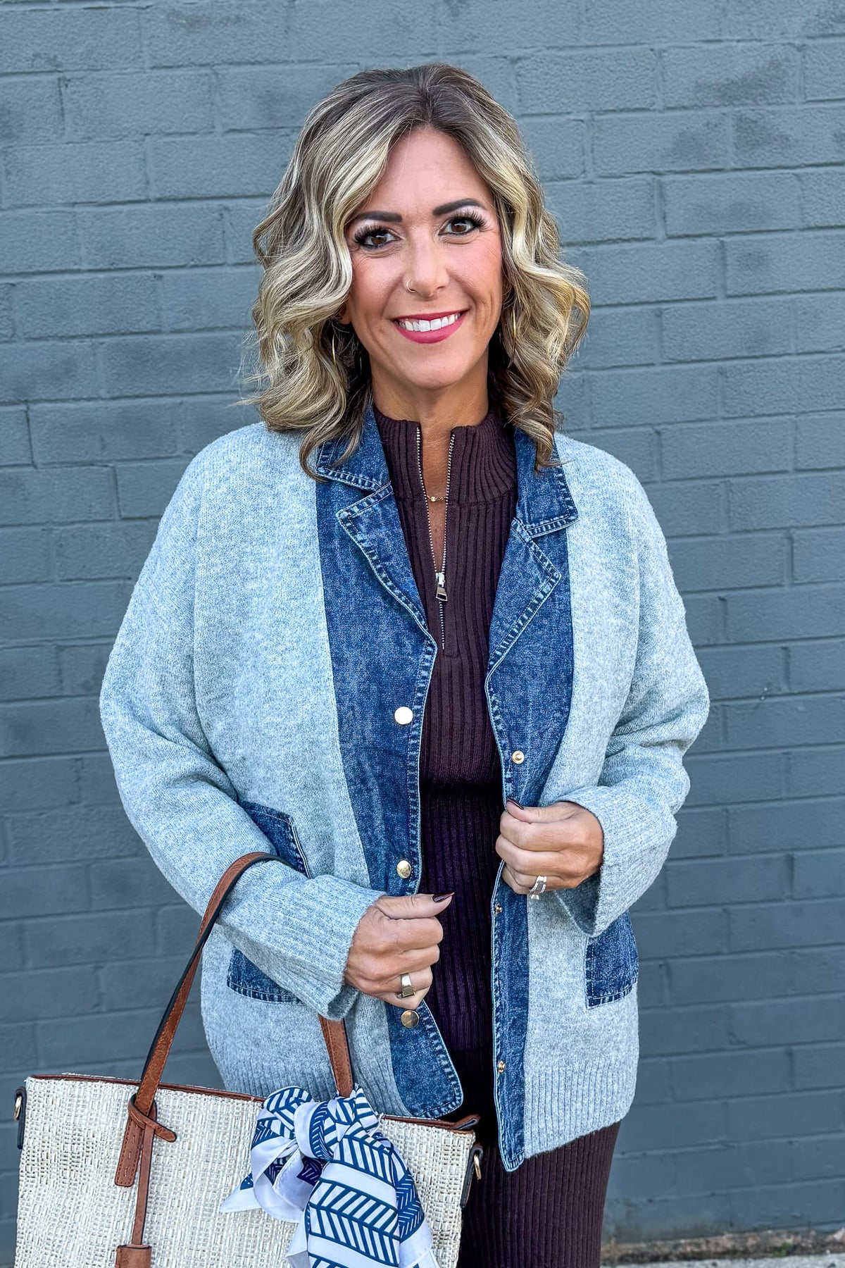 Grey Denim Trim Cardigan