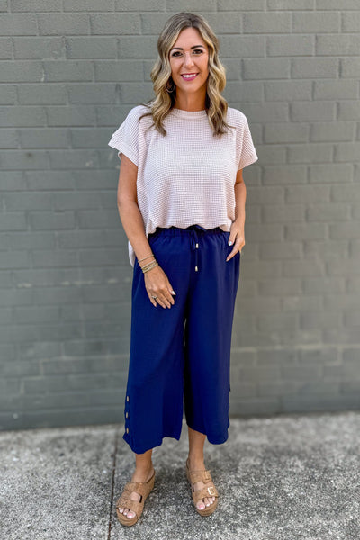 Navy Side Button Pants styled