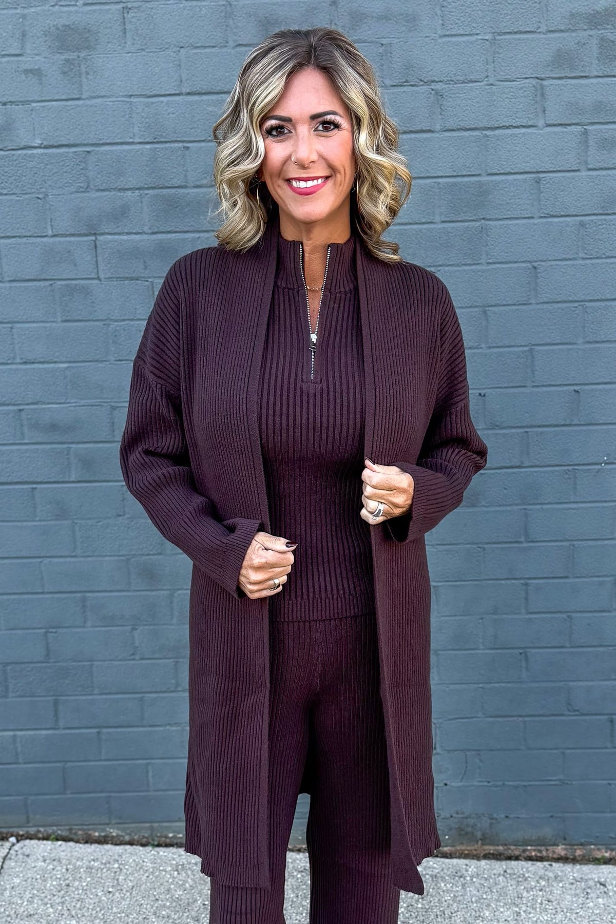 Brown Luxe Ribbed Open Cardigan