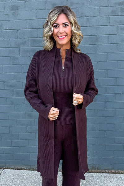 Brown Luxe Ribbed Open Cardigan