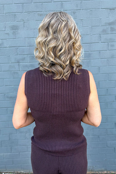 Brown Luxe Ribbed Mock Neck Sleeveless Top Detailed