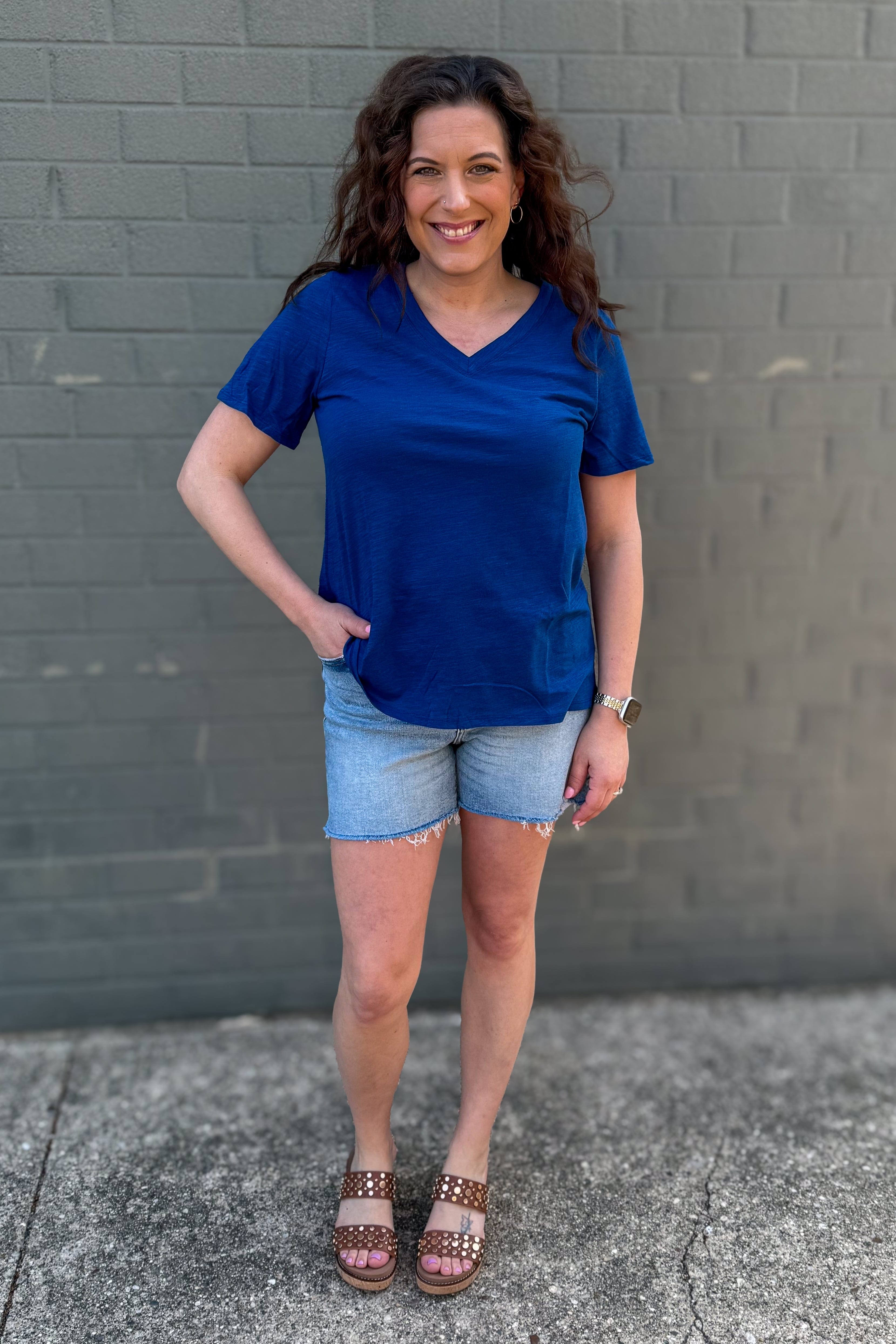 Navy V-Neck T-Shirt styled