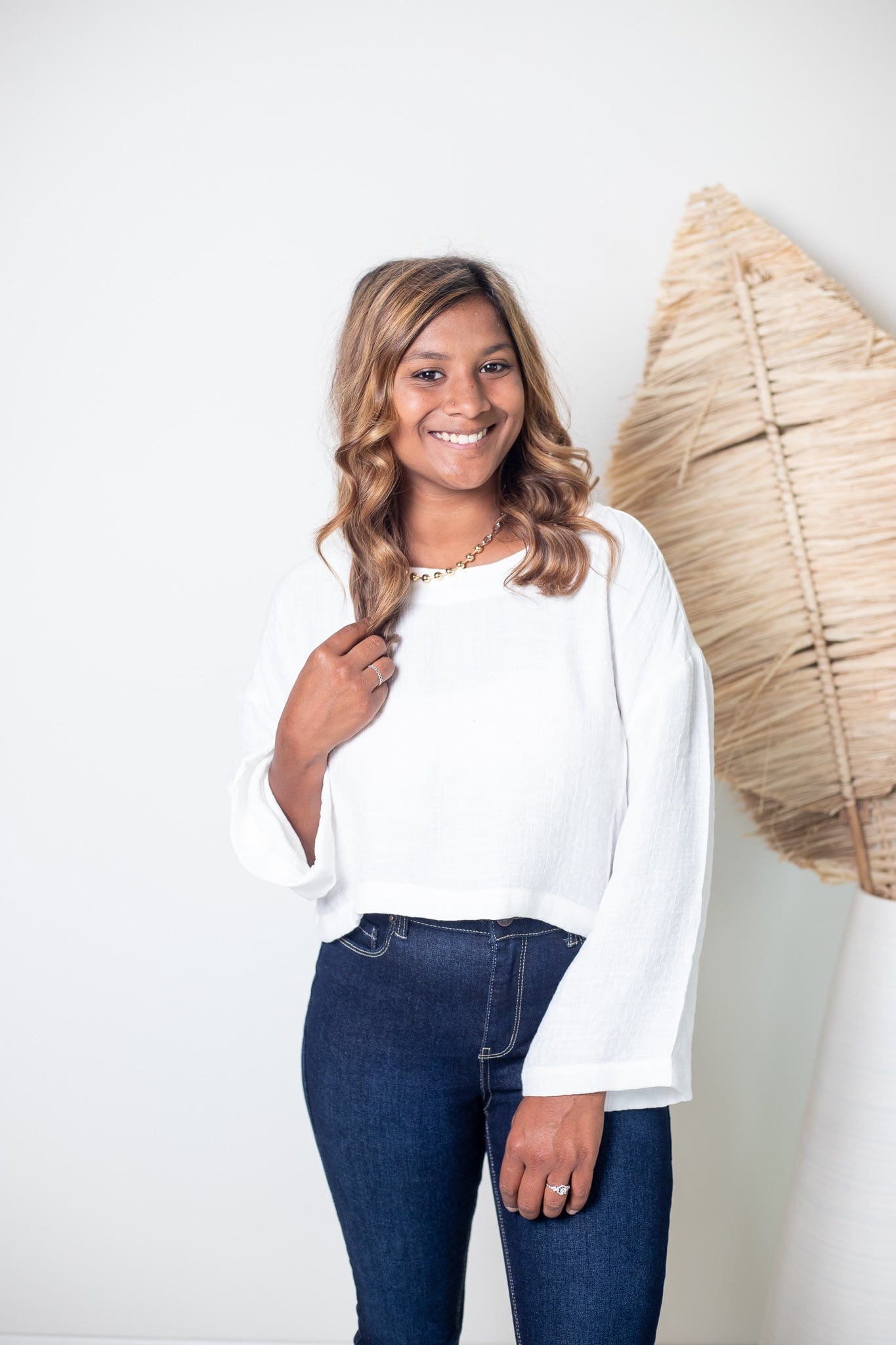 White Cropped Long Sleeve Top, Front View