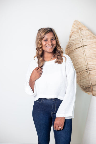 White Cropped Long Sleeve Top, Front View