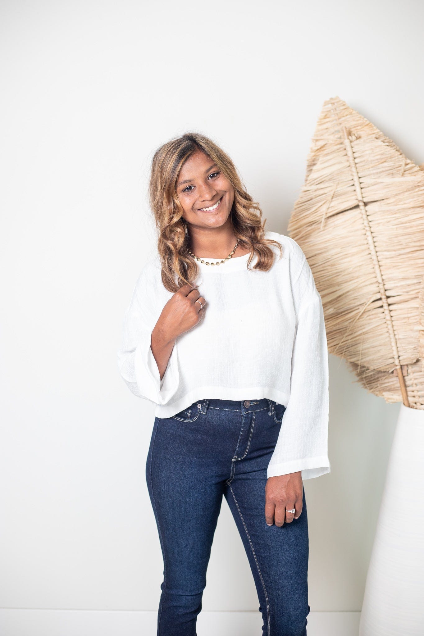 White Cropped Long Sleeve Top, Styled View
