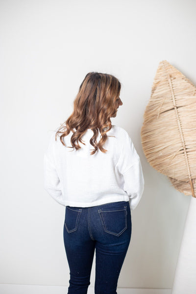 White Cropped Long Sleeve Top, Back View