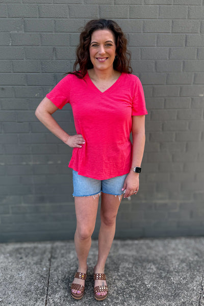 Hot Coral V-Neck T-Shirt styled