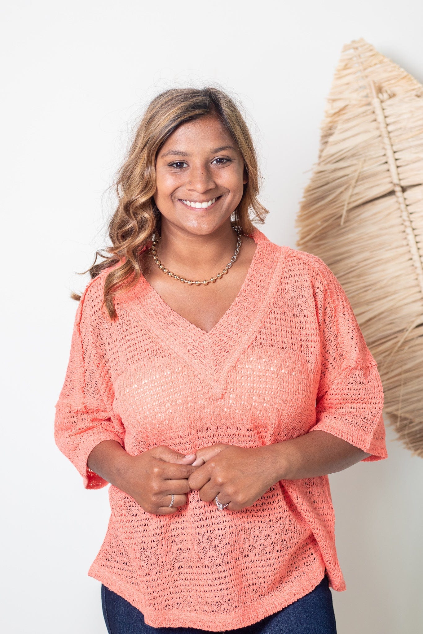 Textured Crochet Peach Short Sleeve Top, Front View