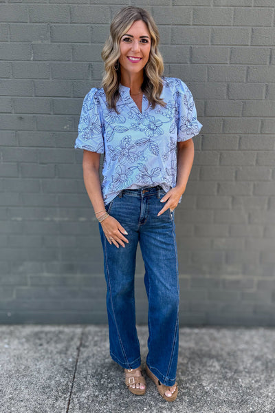 Blue Stripe & Embroidered Detail Puff Sleeve Top styled