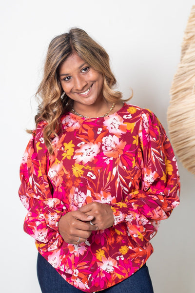 Floral Burgundy Puff Sleeve Top, Front View