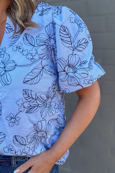 Blue Stripe & Embroidered Detail Puff Sleeve Top