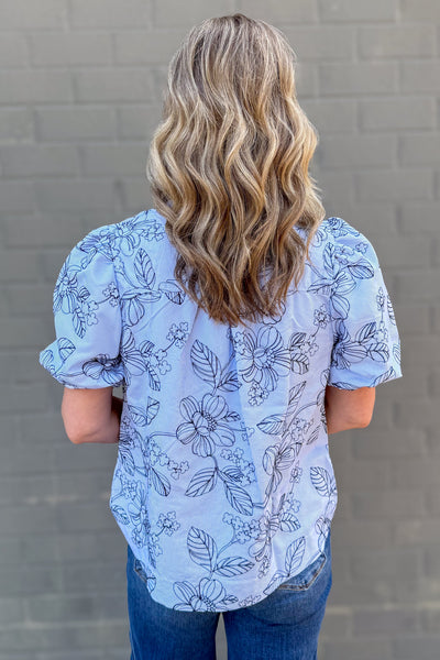 Blue Stripe & Embroidered Detail Puff Sleeve Top back
