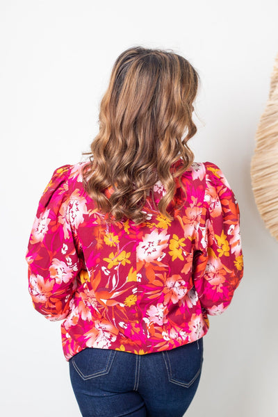 Floral Burgundy Puff Sleeve Top, Back View