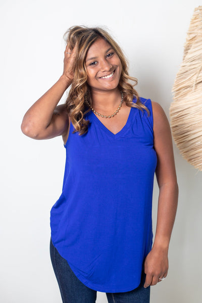 Bright Blue Luxe V-neck Sleeveless Top, Front View