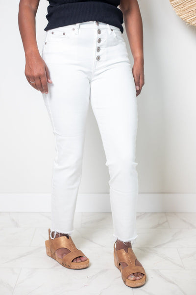 White Button Fly Raw Hem Skinny Jean