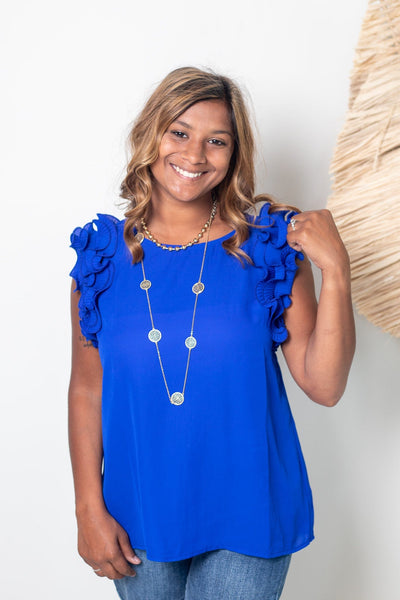 Royal Blue Wave Ruffle Shoulder Blouse