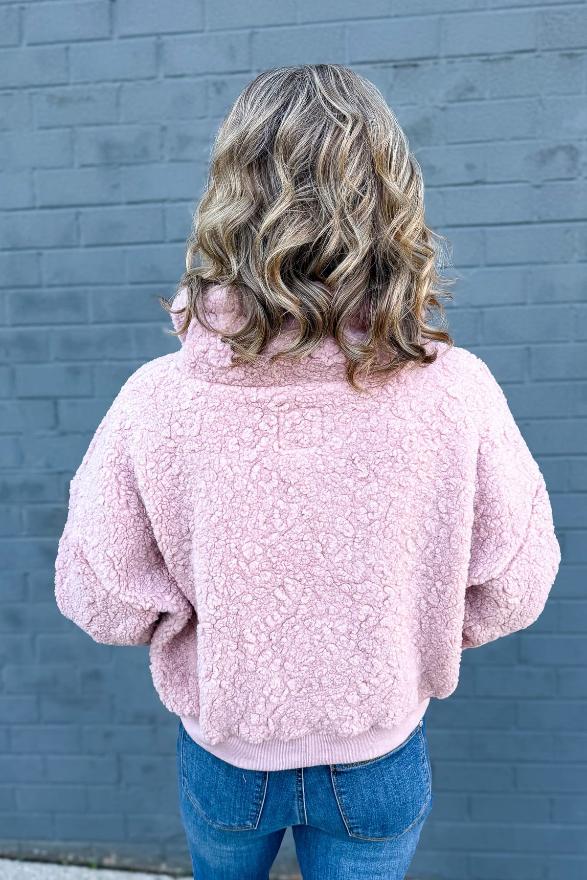 Dusty Pink Mock Neck Sherpa Jacket Back