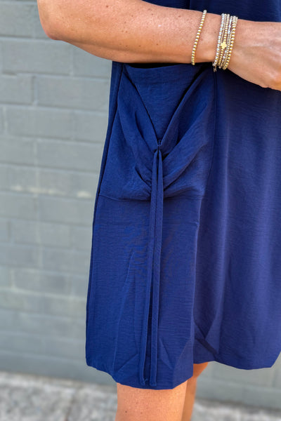 Navy Sleeveless Side Pocket Dress detailed