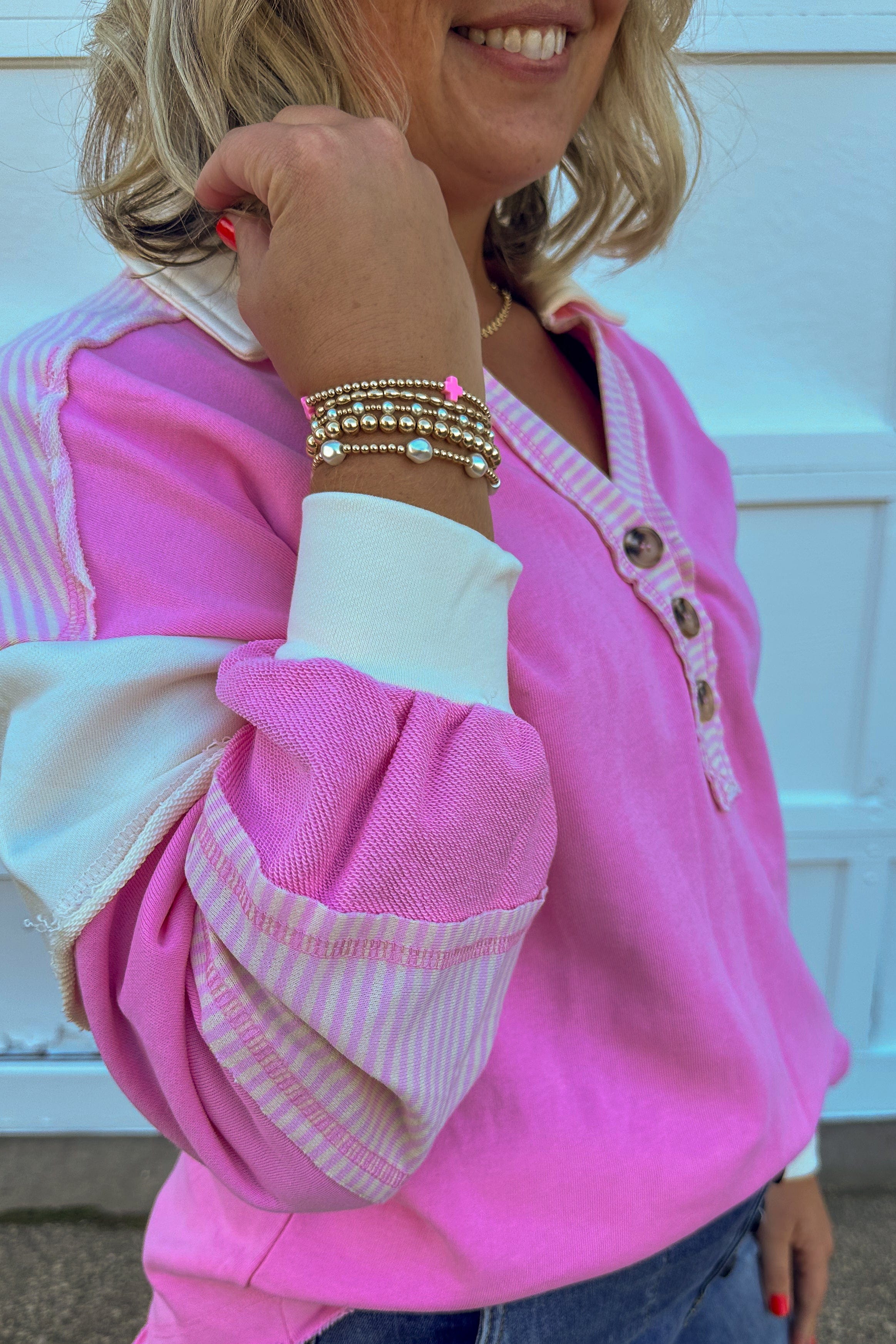 Pink Color Block Casual Knit Top details