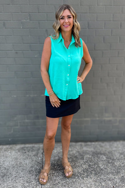 Aqua Mint Button Up Tank styled