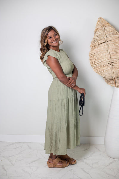 Light Olive Smocked Tiered Dress