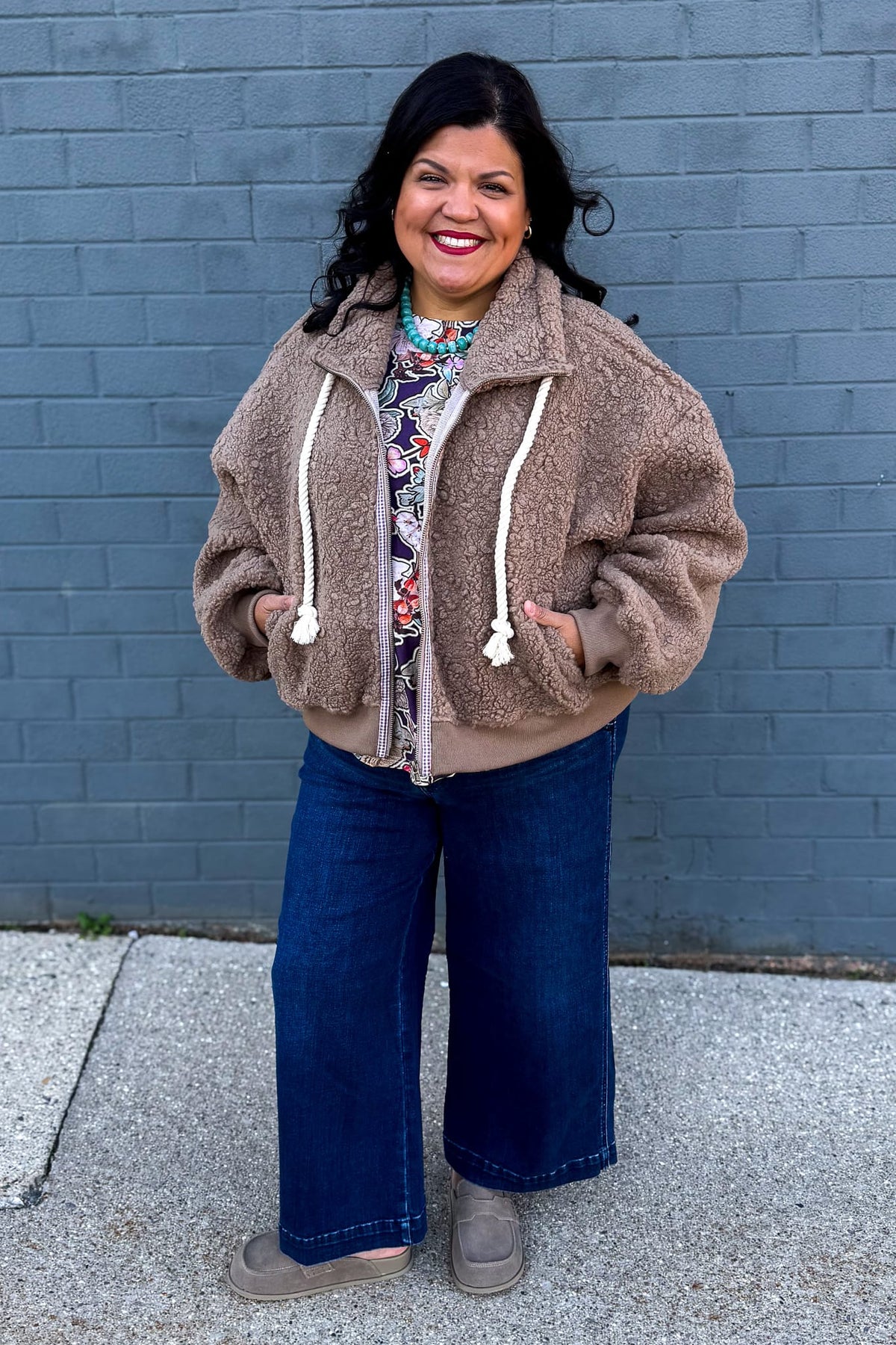 Mocha Mock Neck Sherpa Jacket Styled