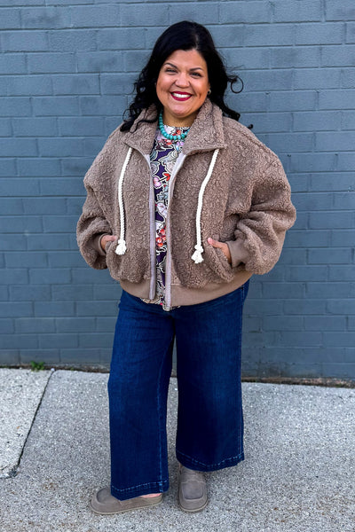 Mocha Mock Neck Sherpa Jacket Styled