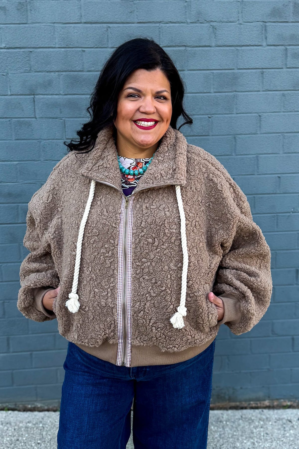 Mocha Mock Neck Sherpa Jacket