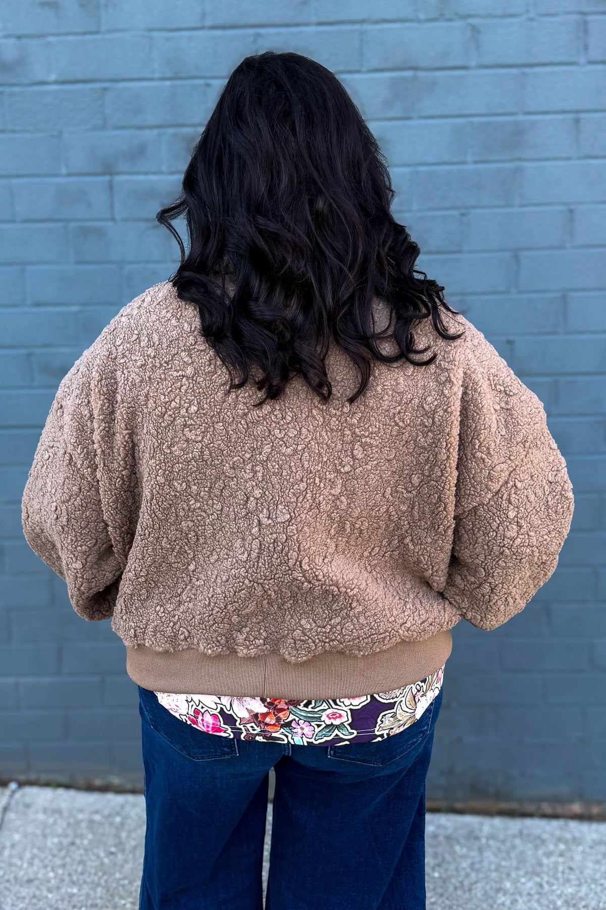 Mocha Mock Neck Sherpa Jacket Back
