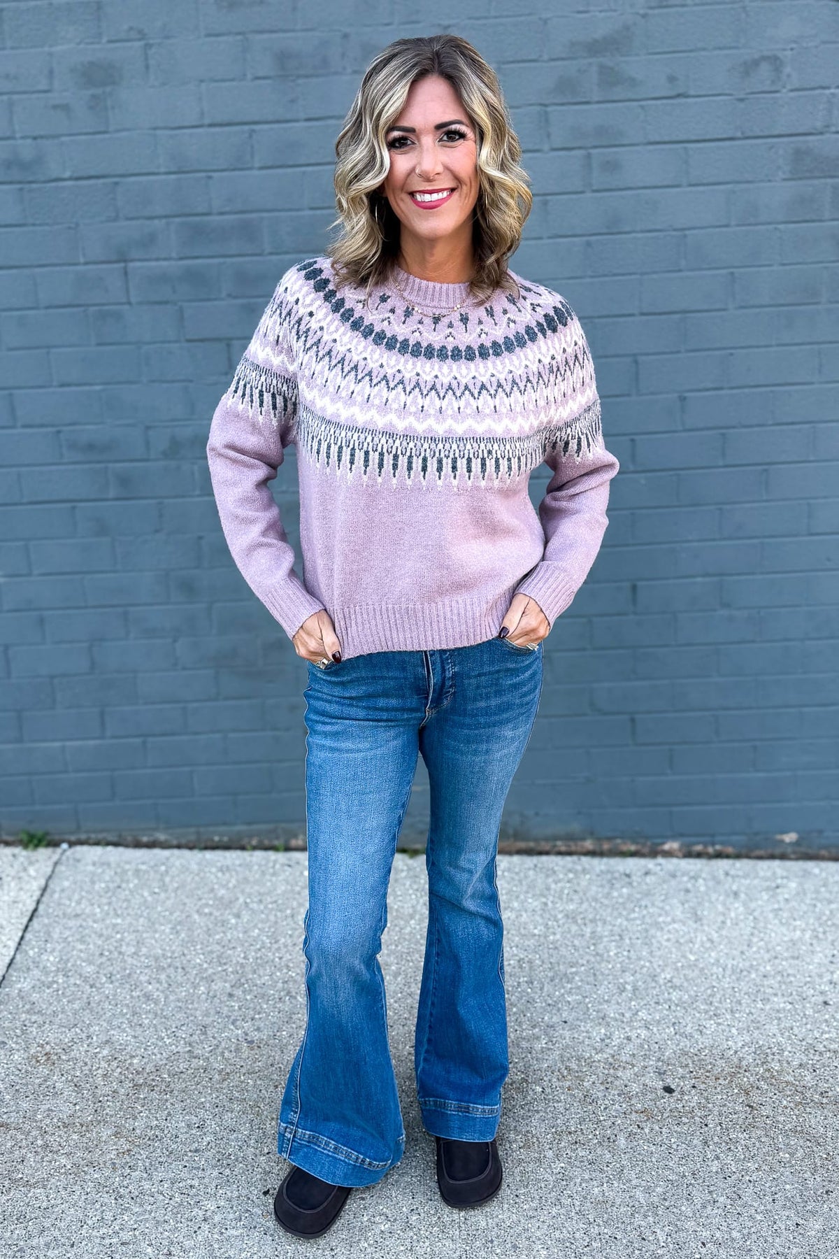 Pink Fair Isle Yoke Crewneck Sweater Styled