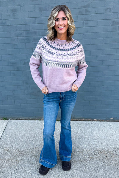 Pink Fair Isle Yoke Crewneck Sweater Styled