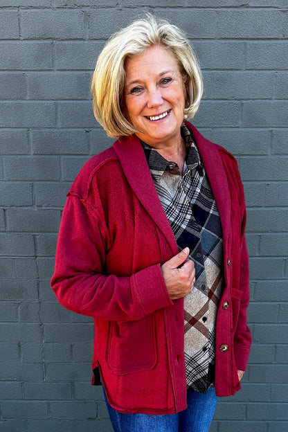 Crimson Red Shawl Collar Jacket