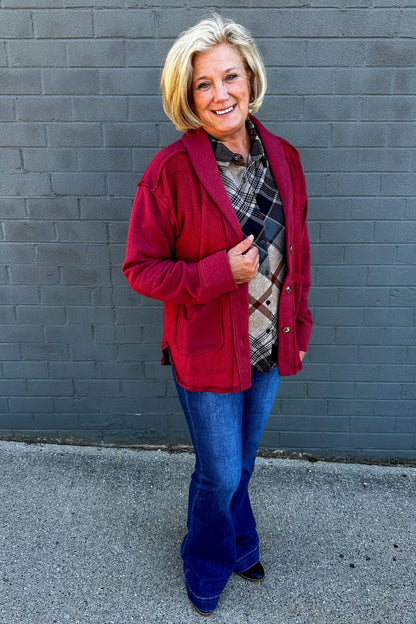 Crimson Red Shawl Collar Jacket styled