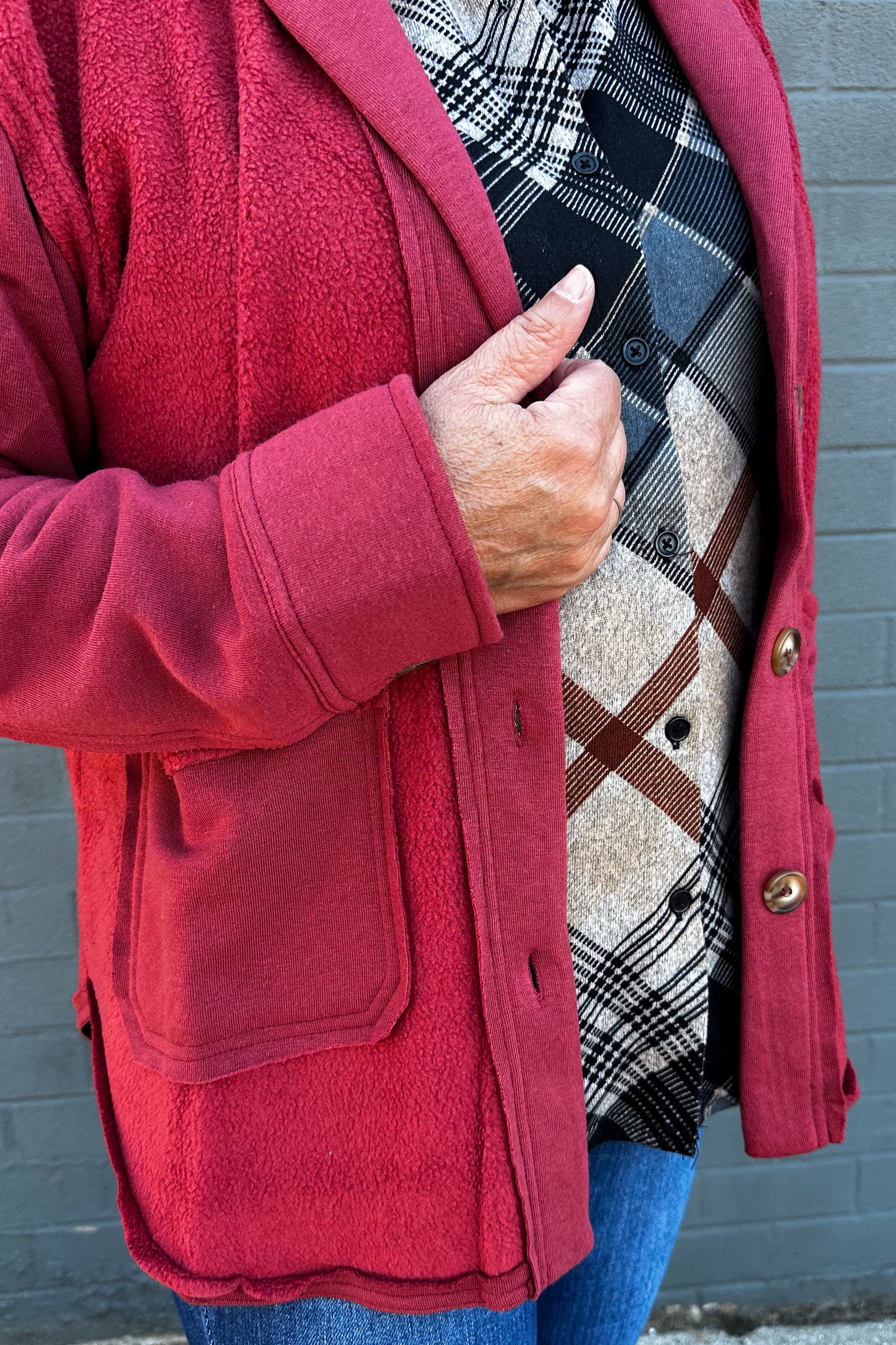 Crimson Red Shawl Collar Jacket detail