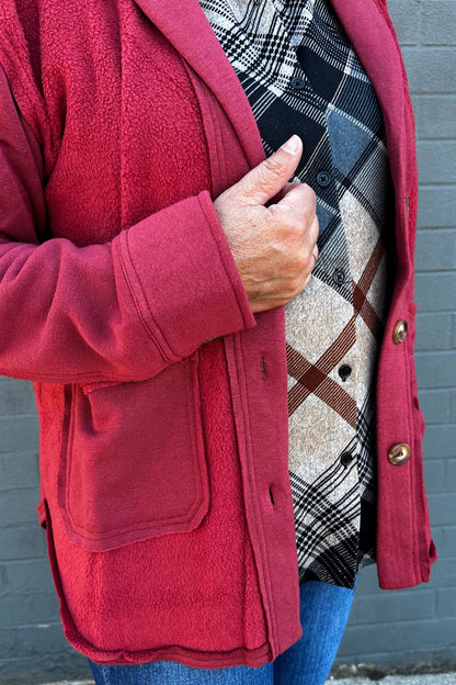 Crimson Red Shawl Collar Jacket detail