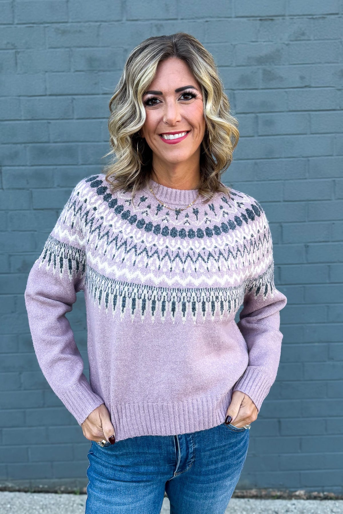 Pink Fair Isle Yoke Crewneck Sweater