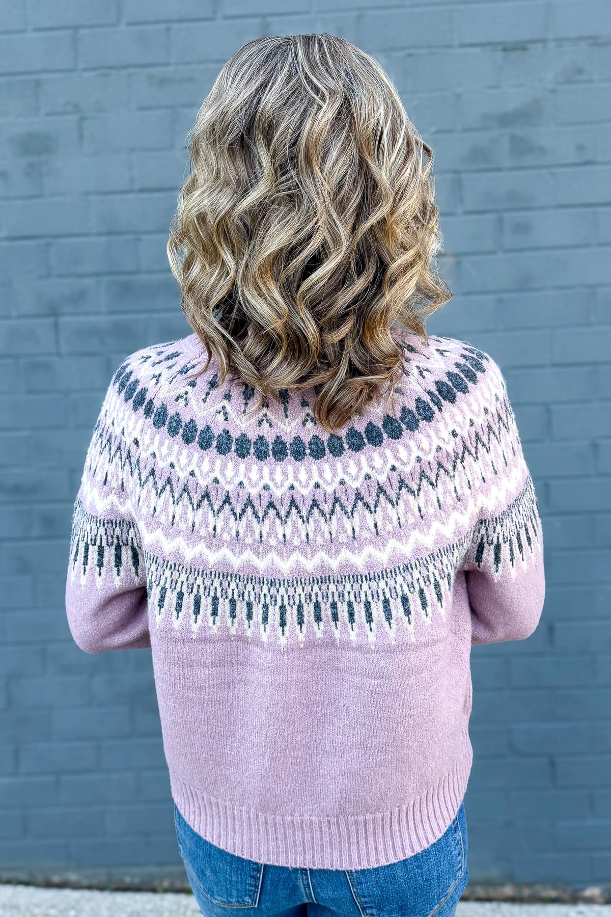 Pink Fair Isle Yoke Crewneck Sweater Back
