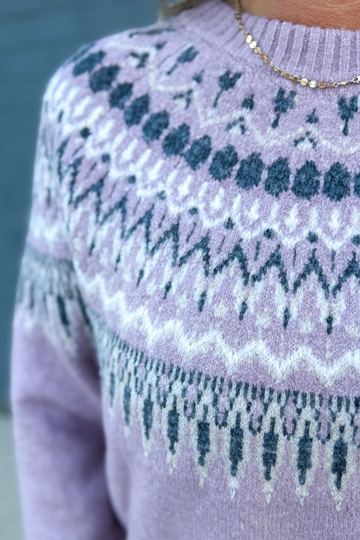 Pink Fair Isle Yoke Crewneck Sweater Detailed