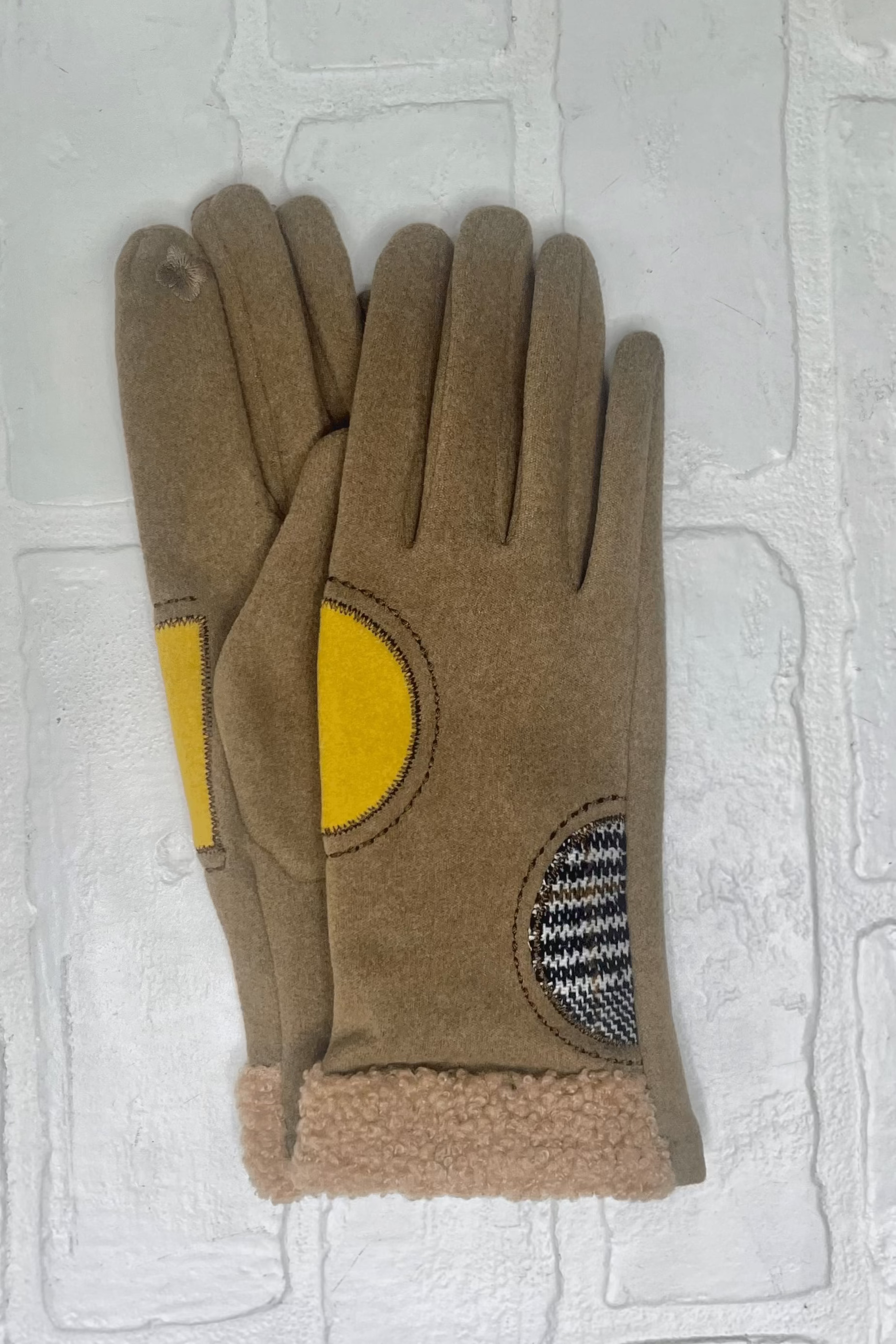Beige Half Circle Patchwork Glove with Smart Touch