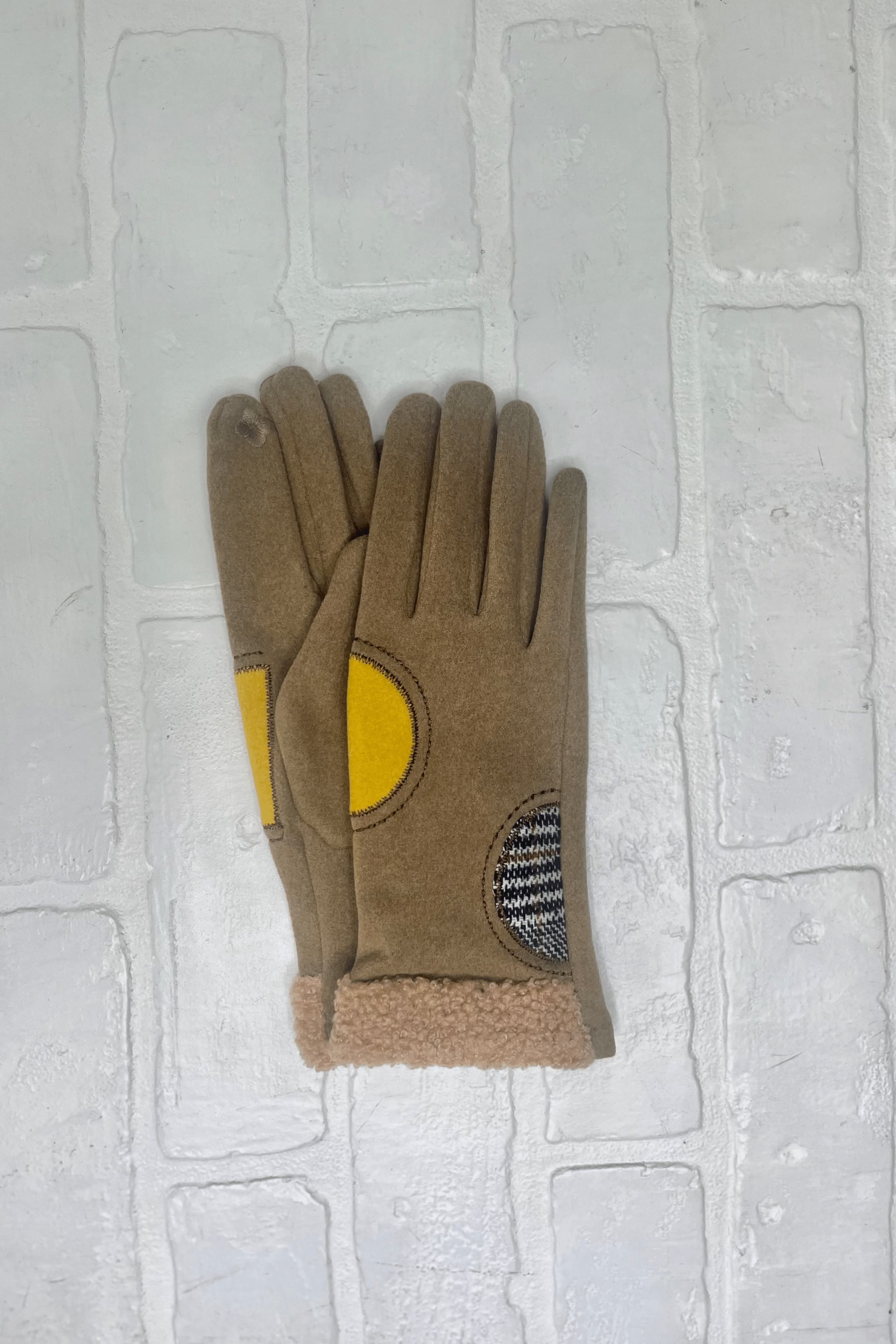 Beige Half Circle Patchwork Glove with Smart Touch